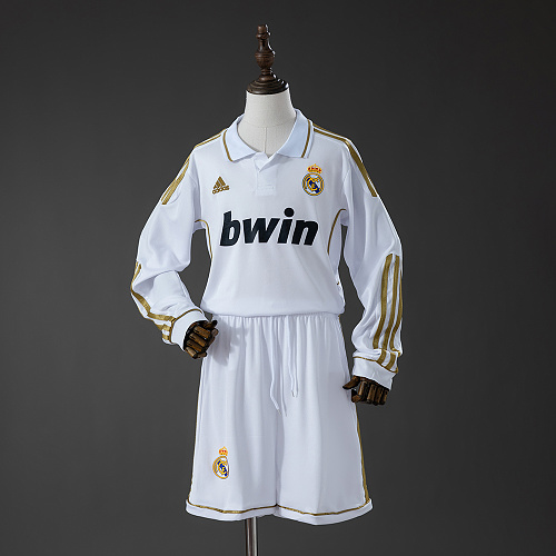 Real Madrid 11/12 Titular Retrô Manga longa Kit infantil Tamanho 16-28