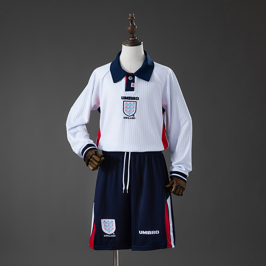 England 1998 Titular Retrô Manga longa Kit infantil Tamanho 16-28, foto 1