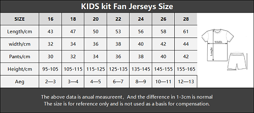 kids shirt kit Tamanho chart