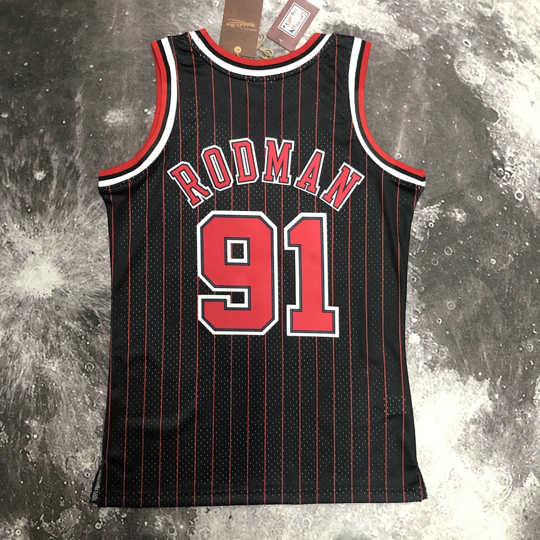 MN热压复古球衣:SW公牛队96赛季黑条纹91号 罗德曼, foto 21